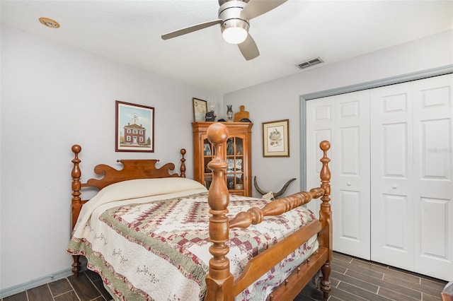 11506 Clair Pl, Clermont, FL 34711 - bedroom with a closet, a ceiling fan, visible vents, baseboards, and wood finish floors