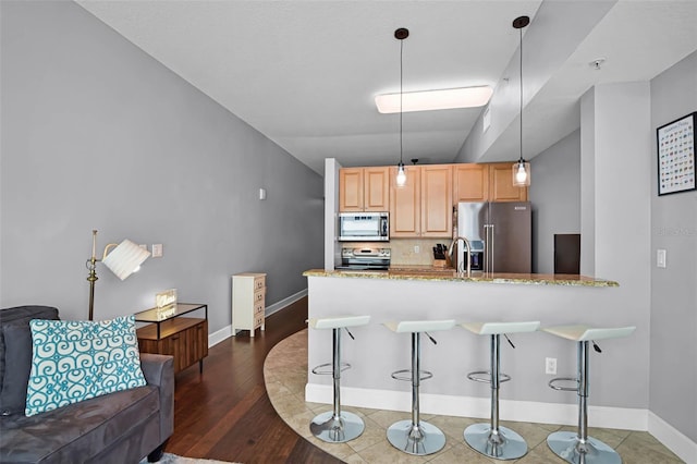 101 S Eola Dr Unit 1018, Orlando, FL 32801 - kitchen with baseboards, a peninsula, light stone countertops, a breakfast bar area, and stainless steel appliances