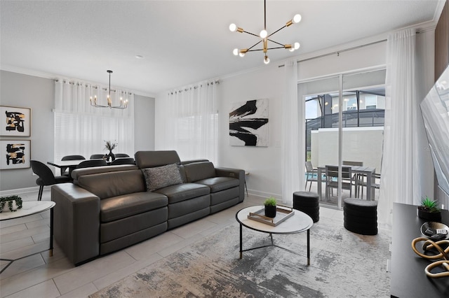 2400 Reading Trl, Kissimmee, FL 34746 - tiled living room featuring an inviting chandelier, ornamental molding, and baseboards