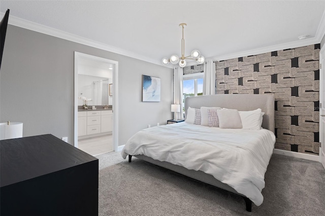 2400 Reading Trl, Kissimmee, FL 34746 - bedroom featuring crown molding, connected bathroom, light colored carpet, baseboards, and a notable chandelier