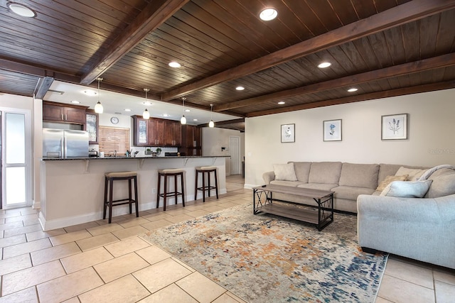 living room featuring recessed lighting, light tile patterned floors, wood ceiling, and beamed ceiling