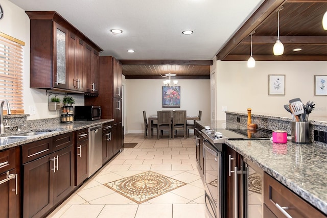 kitchen with glass insert cabinets, wood ceiling, appliances with stainless steel finishes, a sink, and decorative light fixtures