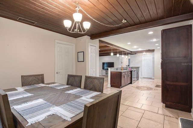 dining room featuring an inviting chandelier, recessed lighting, visible vents, beamed ceiling, and wood ceiling