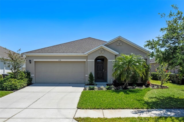 1918 Marabou Dr, Davenport, FL 33896 - ranch-style home featuring a shingled roof, a front lawn, stucco siding, an attached garage, and driveway