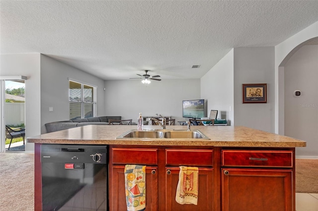 1918 Marabou Dr, Davenport, FL 33896 - kitchen featuring a sink, open floor plan, light colored carpet, black dishwasher, and reddish brown cabinets