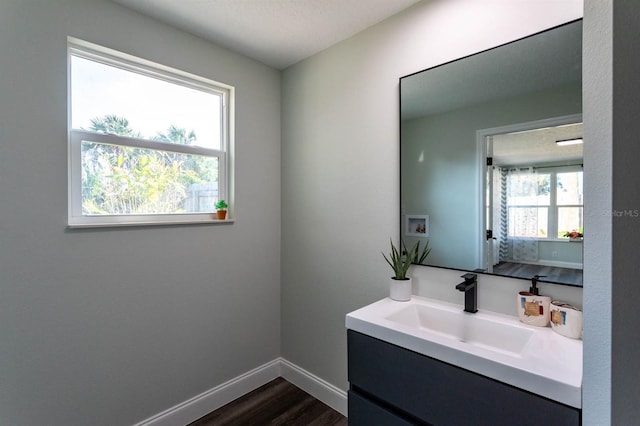 bathroom featuring wood finished floors, vanity, and baseboards