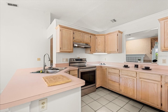 kitchen featuring under cabinet range hood, light brown cabinets, stainless steel range with electric stovetop, and a sink