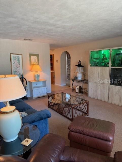 116 E Palm Way, Edgewater, FL 32132 - carpeted living area featuring arched walkways, a textured ceiling, and visible vents