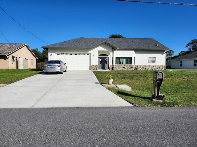 4666 Clarke St, North Port, FL 34286 - ranch-style house with stucco siding, a front lawn, concrete driveway, and stone siding