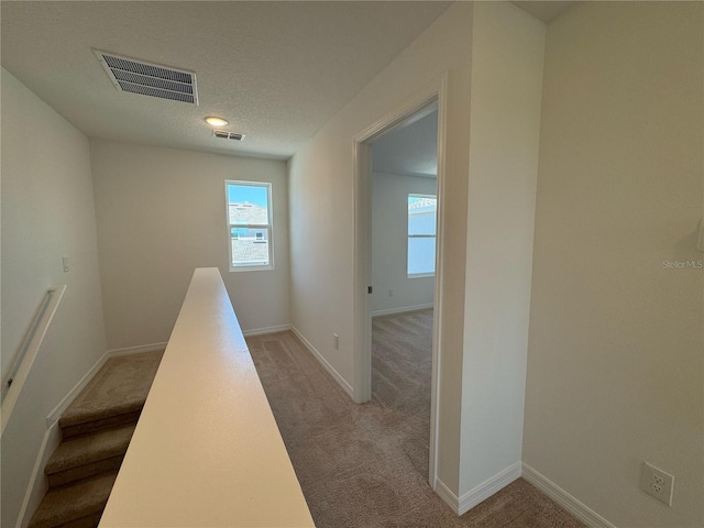hallway featuring visible vents, light colored carpet, and a healthy amount of sunlight