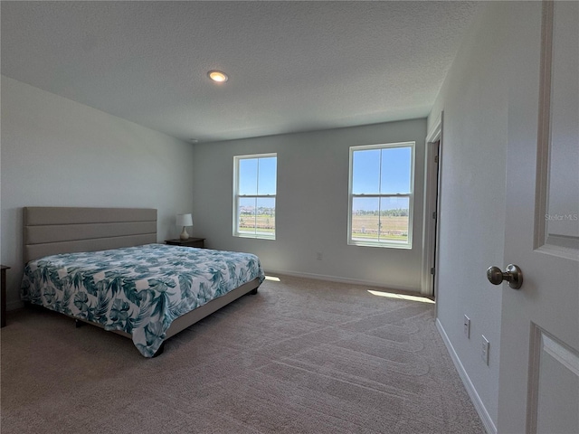 carpeted bedroom featuring a textured ceiling and baseboards