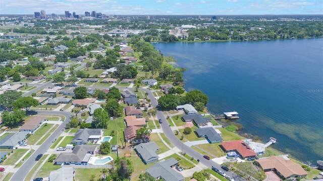 aerial view featuring a residential view and a water view