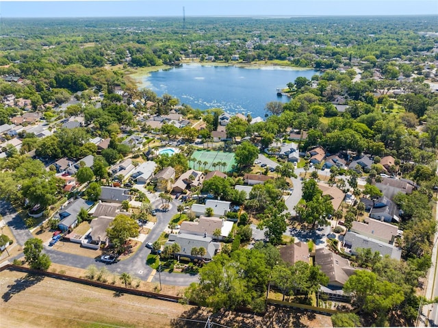 aerial view featuring a water view and a residential view