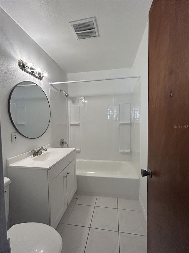 full bathroom featuring tile patterned floors, vanity, toilet, shower / bathtub combination, and visible vents