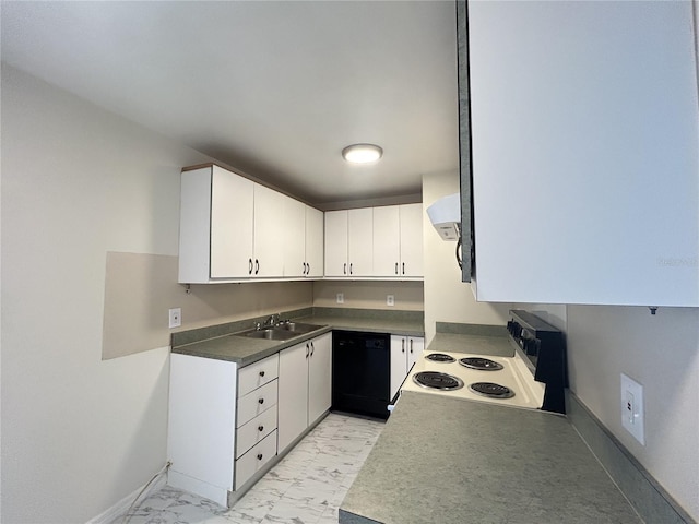 kitchen featuring marble finish floor, a sink, black dishwasher, electric range oven, and white cabinetry