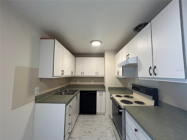 kitchen featuring marble finish floor, under cabinet range hood, dishwasher, electric stove, and a sink