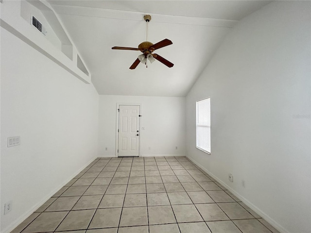unfurnished room with light tile patterned flooring, baseboards, visible vents, ceiling fan, and high vaulted ceiling