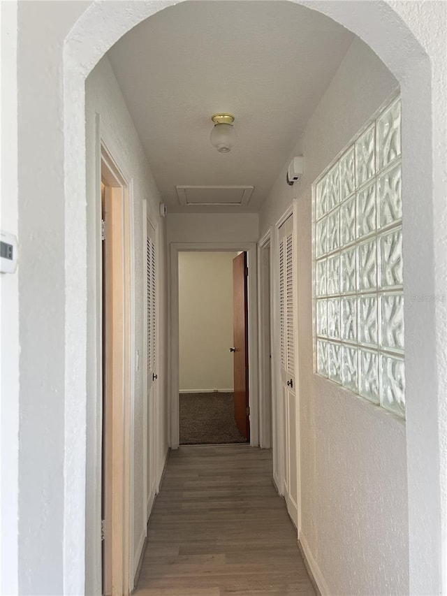 hallway with baseboards, a textured wall, and light wood finished floors