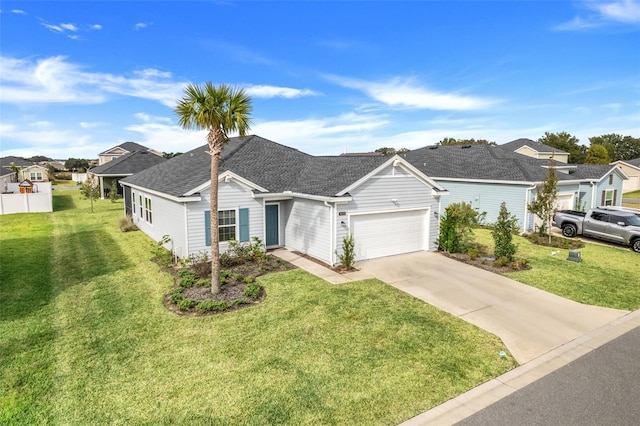 ranch-style home featuring a garage, a front yard, a residential view, and concrete driveway