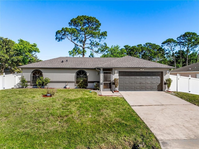 single story home featuring stucco siding, an attached garage, fence, and concrete driveway