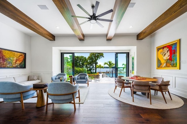 570 Manor Rd, Maitland, FL 32751 - living area with a decorative wall, ceiling fan, dark wood-type flooring, beam ceiling, and recessed lighting