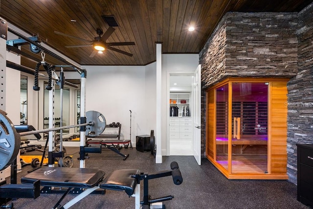 570 Manor Rd, Maitland, FL 32751 - exercise room featuring a ceiling fan, wooden ceiling, baseboards, visible vents, and recessed lighting