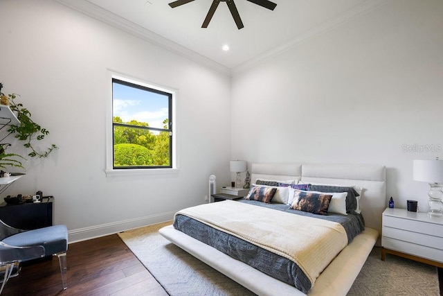 570 Manor Rd, Maitland, FL 32751 - bedroom with baseboards, recessed lighting, a ceiling fan, wood finished floors, and ornamental molding