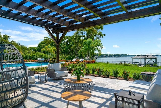 570 Manor Rd, Maitland, FL 32751 - view of patio / terrace with an outdoor pool, a pergola, a water view, and fence