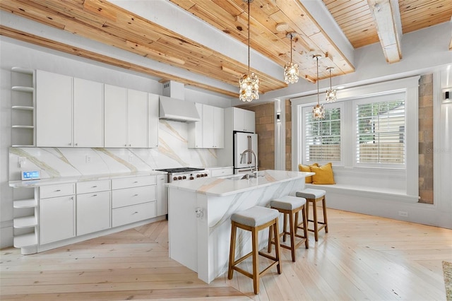 kitchen featuring open shelves, custom exhaust hood, wood ceiling, beamed ceiling, and white cabinets