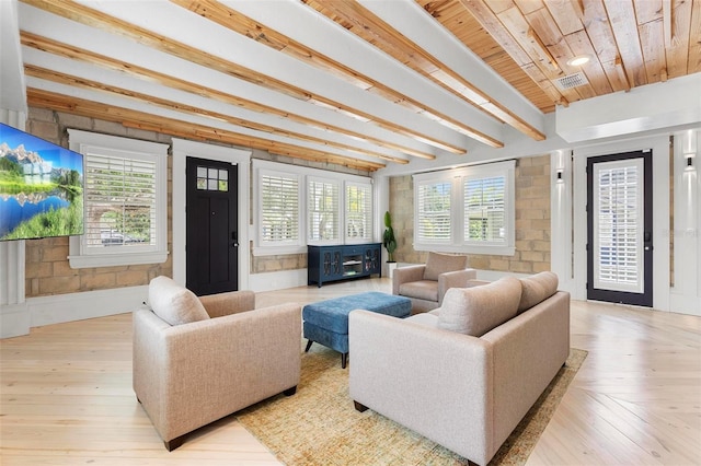 living room with wood ceiling, wood finished floors, and beam ceiling