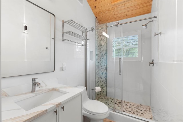 full bathroom featuring a shower stall, wood ceiling, toilet, and vanity