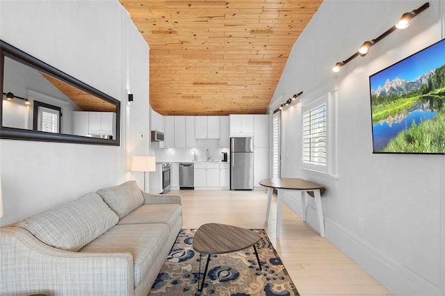 living area with wood ceiling, light wood-style floors, and high vaulted ceiling