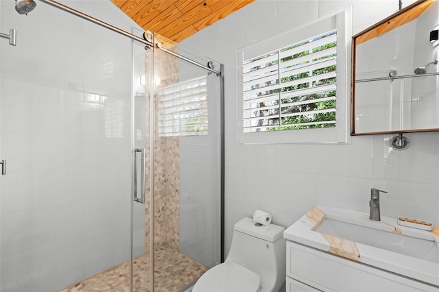 full bathroom with toilet, a stall shower, tile walls, vanity, and wooden ceiling