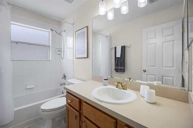 full bathroom with vanity, shower / bathtub combination with curtain, toilet, and visible vents