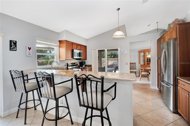 4833 Palm Tree Ct, Windermere, FL 34786 - kitchen with appliances with stainless steel finishes, a peninsula, healthy amount of natural light, brown cabinets, and vaulted ceiling