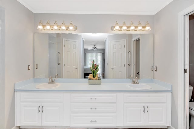 4833 Palm Tree Ct, Windermere, FL 34786 - ensuite bathroom with toilet, a ceiling fan, double vanity, crown molding, and a shower