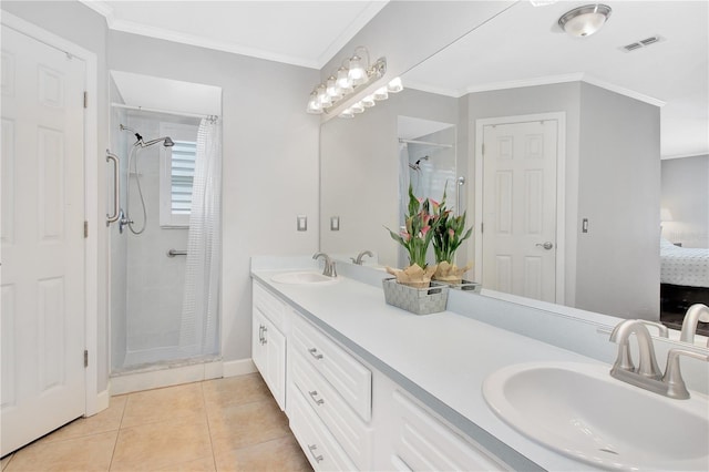 4833 Palm Tree Ct, Windermere, FL 34786 - ensuite bathroom featuring a shower, tile patterned flooring, ornamental molding, and double vanity