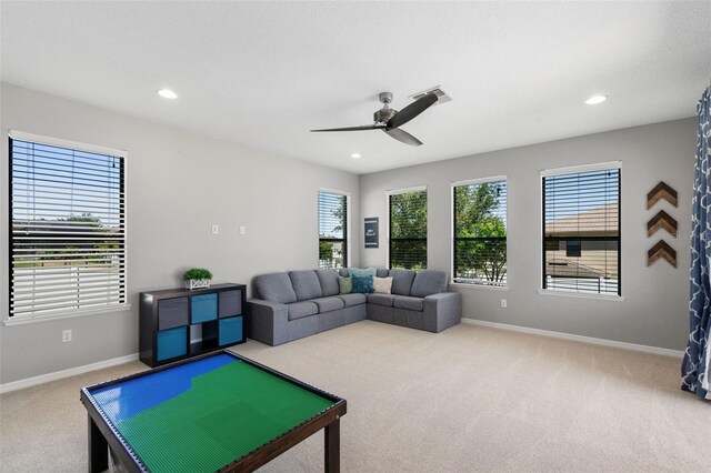 4113 Longbow Dr, Clermont, FL 34711 - carpeted living area featuring a ceiling fan, baseboards, and recessed lighting