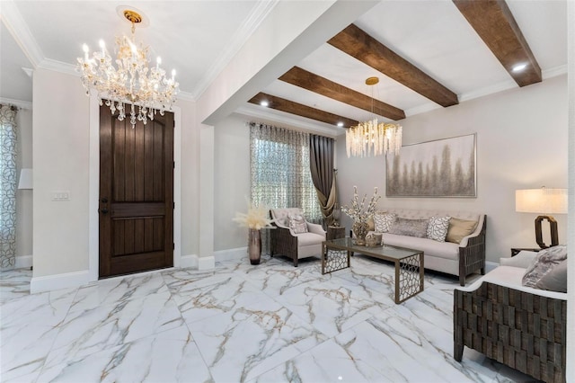 8625 Brixford St, Orlando, FL 32836 - living room featuring baseboards, an inviting chandelier, ornamental molding, beamed ceiling, and marble finish floor