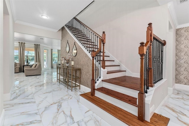 8625 Brixford St, Orlando, FL 32836 - stairway with baseboards, visible vents, marble finish floor, and crown molding