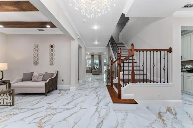 8625 Brixford St, Orlando, FL 32836 - entryway with visible vents, baseboards, a chandelier, crown molding, and stairs