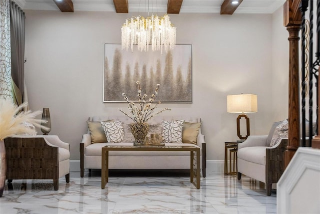 8625 Brixford St, Orlando, FL 32836 - sitting room with baseboards, a chandelier, recessed lighting, beamed ceiling, and marble finish floor