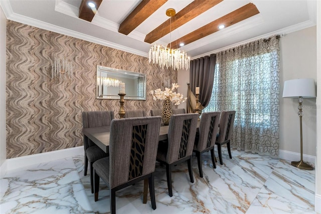 8625 Brixford St, Orlando, FL 32836 - dining room featuring a notable chandelier, baseboards, ornamental molding, recessed lighting, and marble finish floor