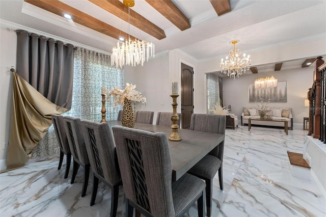 8625 Brixford St, Orlando, FL 32836 - dining area with a chandelier, marble finish floor, ornamental molding, and beam ceiling