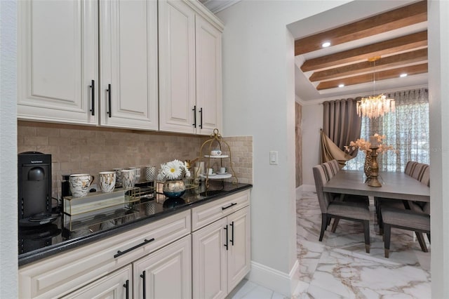 8625 Brixford St, Orlando, FL 32836 - bar with baseboards, an inviting chandelier, recessed lighting, decorative backsplash, and marble finish floor