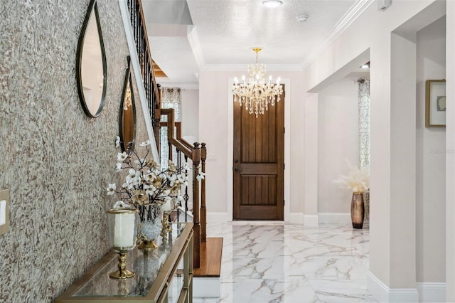 8625 Brixford St, Orlando, FL 32836 - foyer featuring baseboards, an inviting chandelier, ornamental molding, stairway, and marble finish floor