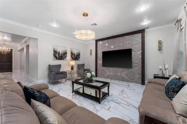 8625 Brixford St, Orlando, FL 32836 - living area featuring ornamental molding, visible vents, marble finish floor, and a chandelier