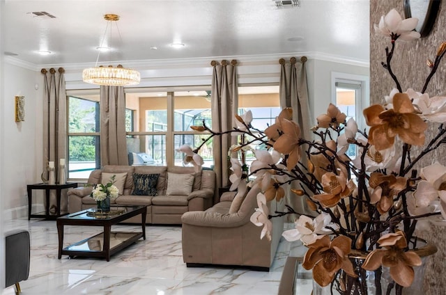 8625 Brixford St, Orlando, FL 32836 - interior space with ornamental molding, marble finish floor, a notable chandelier, and visible vents