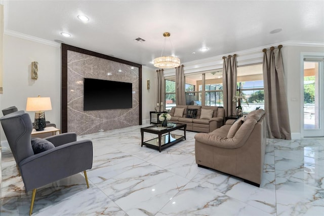 8625 Brixford St, Orlando, FL 32836 - living room featuring ornamental molding, visible vents, recessed lighting, a chandelier, and marble finish floor