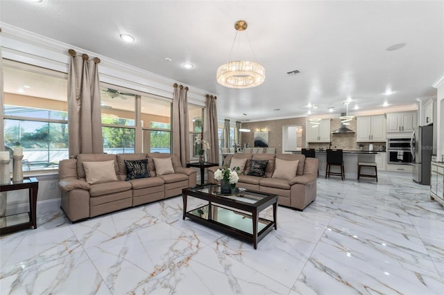 8625 Brixford St, Orlando, FL 32836 - living room with visible vents, a notable chandelier, crown molding, recessed lighting, and marble finish floor